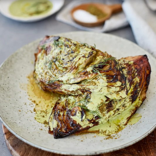 Charred Miso Cabbage with Green Tahini Sauce