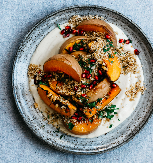 Roasted Squash with Creamy Miso Garlic Sauce and Toasted Almond Crumb