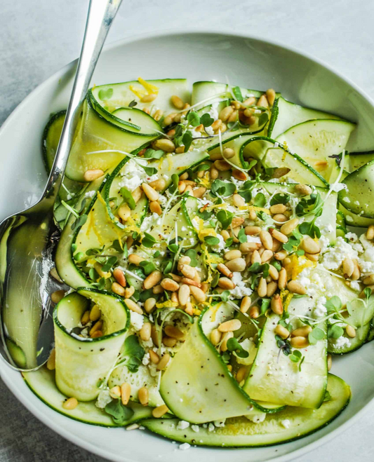 Raw Zucchini Salad with Pine Nuts, Goats Cheese and Microgreens