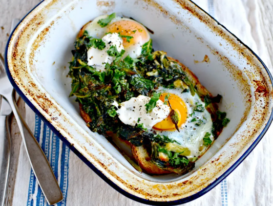 Creamy Kale, Egg And Garlic Toast Bake